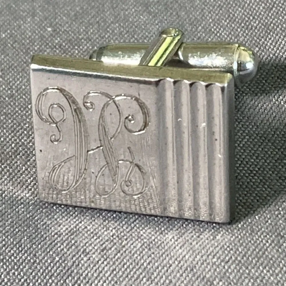 Cuff Links Silver Stamped Monogrammed “H” Vintage Mid-20th Century Design